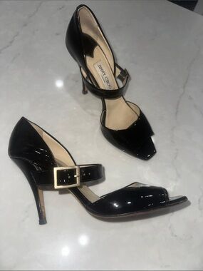 Jimmy Choo Black Patent Leather Square-Toe Ankle-Strap Heels 38.5